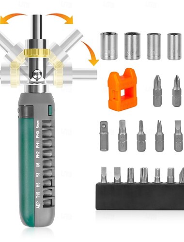  ラチェット式ドライバーセットツールキット 14-in-1 ドライバーセットキット 磁気チップ付きマルチドライバー、180度角度調整可能ドライバーセット修理ツール