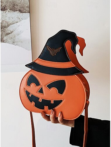 Sac à bandoulière en cuir PU pour femme, motif citrouille d'Halloween, chapeau de sorcière, bandoulière réglable, poche zippée, idéal pour le cosplay, les fêtes costumées et les friandises.