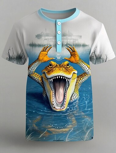  Herren Krokodil Niedlich T Shirt Henley Hemd Kurzarm Designer Retro Vintage Lässig Straße Lässig Täglich Sommer Frühling Hellblau Henley-Kragen Henley Henley T-Shirt