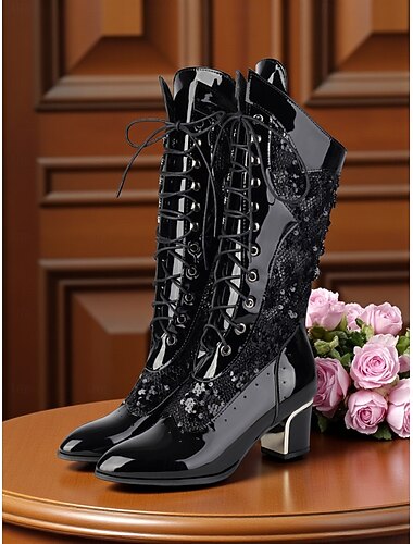  Bottes mi-mollet à lacets en similicuir verni vert pour femmes - Bottes vintage à talon épais inspirées des années 1930 pour les performances sur scène, les fêtes gothiques et les événements de
