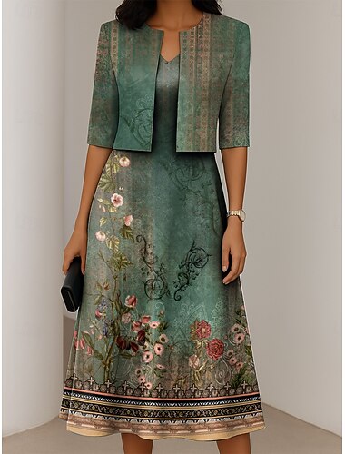  Women's Dress Set A Line Dress Summer Dress Elegant Casual Ombre Floral Print Midi Dress Half Sleeve V Neck Formal Vacation Blue Dark Green Orange Summer Spring Regular Fit