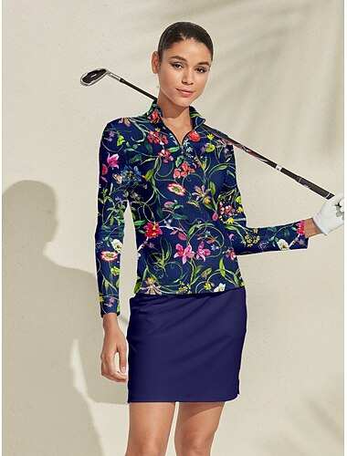  Mulheres Camisa polo de caminhada Azul Escuro Manga Longa Blusas Roupas femininas de golfe, roupas, roupas, roupas