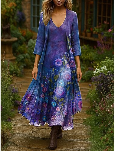 Per donna Insieme del vestito Vestito maxi Abito a trapezio Vacanza Boho Floreale Grafico Stratificato Stampato Abito maxi Manica 3/4 Scollo a V All'aperto Quotidiano Rosso Blu Viola chiaro Estate