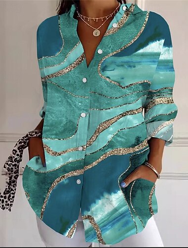  Per donna Camicia Grafico Attivo Quotidiano Elegante Manica Lunga Colletto a Camicia Top Regolari Quotidiano Ferie Bottoni Stampato Verde Primavera Autunno