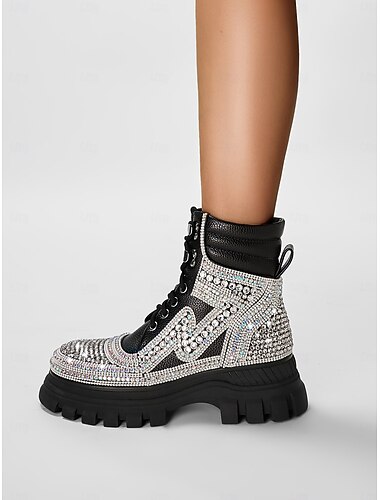  Bottes de combat à plateforme en strass pour femmes - Bottines à lacets scintillantes à semelle épaisse pour soirées et sorties &mode de festival