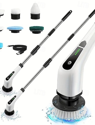  7つの交換可能なブラシヘッドと取り外し可能な長いハンドルを備えた電動回転ブラシシャワークリーニングブラシ、浴槽のタイルに適したコードレス電動ブラシ