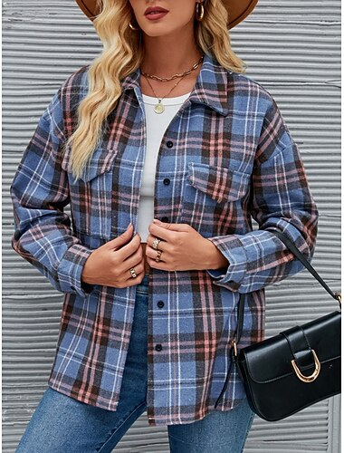  Γυναικεία Μπουφάν πουκάμισο Casual Jacket Άνετο Αναπνέει Τσέπη Κουμπιά Στάμπα Μοντέρνα Καθημερινό Καρό Διακοπές Δρόμος Causal Καθημερινά Ρούχα Μονόπετο Κανονικό Όρθιος Γιακάς Κανονικό Μακρυμάνικο