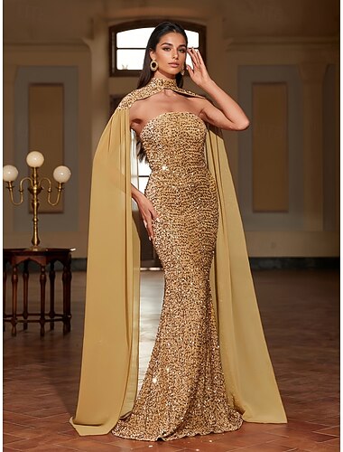  Trompet zeemeermin Tot de grond Baljurk met cape Avondjurken Formele kleding Elegant glinsterende Celebrity-Stijl Mouwloos Boothals Tuinfeest Bruiloft Chiffon Pailletten met Shawl