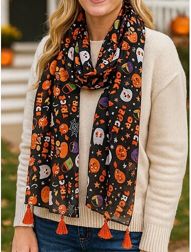  Bufanda de Halloween para mujer: chal ligero con estampado de fantasma de calabaza y borlas para fiestas de disfraces, moda de otoño y ropa festiva.