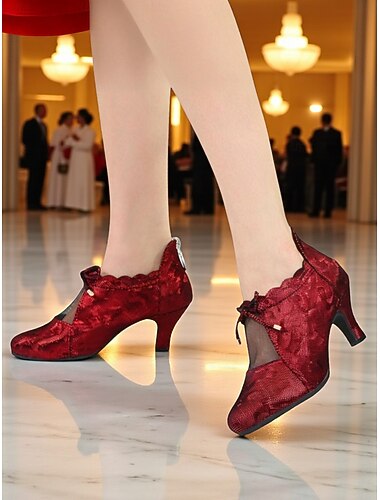  Damesko i burgunderfarget vintage-stil – Gatsby-inspirerte snøresko med nettingpaneler for profesjonelle ballroom- og festkostymer fra 1920-tallet
