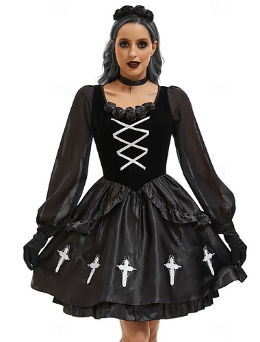  Gótica Lolita Punk e gótico Mini Vestidos Bruxa Vampiros Veludo Cruz Fantasia Mulheres Fantasia Dia Das Bruxas Carnaval Espetáculo Festa Adulto Vestido Luvas Bandana Todas as Estações