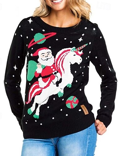  女性用 ニット プルオーバー カジュアル クリスマスのトナカイ サンタクロース リブ クルーネック ニット プリント 長袖 レギュラートップス ニット クリスマス 日常 お出かけ ブラック 冬