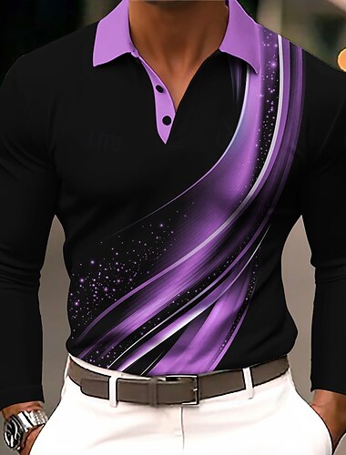 Per uomo Geometrico Linea Polo Manica Lunga Magliette polo Bavero Business Casual Athleisure Abbigliamento quotidiano Stampa 3D Bottoni Primavera Autunno Inverno Blu Viola Marrone