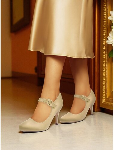  Scarpe con tacco mary jane da donna in raso color champagne con fibbia in cristallo, eleganti décolleté a punta per cocktail party