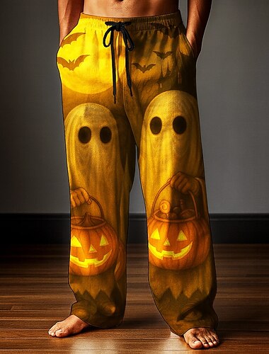  Halloween Hombre Calabaza Fantasma Traje de Halloween Pantalones Pantalones anchos Pantalones casuales Media cintura Estilo gótico oscuro Festivos Cintura elástica con cordón Pantalones tipo lino con