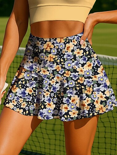  Naisten Sukupuolineutraali Kuvitettu Kasvit Kukat Kukat Kasvit Tennishame Tilkkutäkki Tasku 2 in 1 UPF50+ UV-vastustuskykyinen Usempi kerros Lentopallo Tennis Sulkapallo Shortsit Hameet Musta