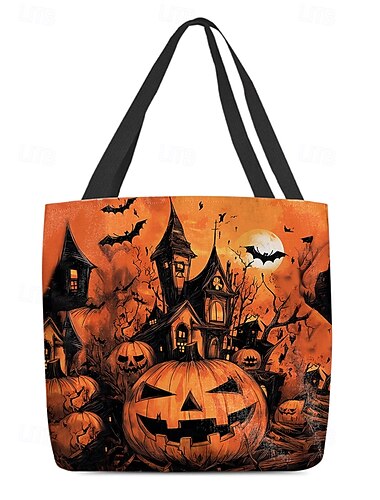  Sac fourre-tout imprimé citrouille d'Halloween pour femme – Sac à bandoulière en polyester grande capacité avec poche zippée, sac à main de style gothique effrayant pour un usage quotidien, le shopping et les fêtes de fin d'année