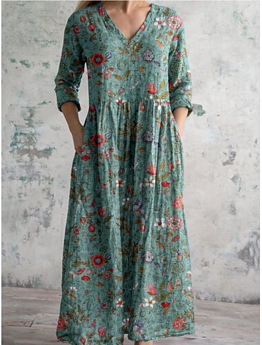  Per donna Abito Midi Abito a trapezio Casual Quotidiano Vestibilità regolare Floreale Manica 3/4 Scollo a V Giallo Verde scuro Marrone Verde Estate Primavera Autunno