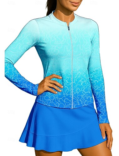 Damen Farbverlauf Sporthemd Tennis Shirt Tennistop Langarm Reißverschluss Blumen UPF50+ UV-beständig Hohe Elastizität Feuchtigkeitsableitend Atmungsaktiv Volleyball Tennis Golfspiel Stehkragen