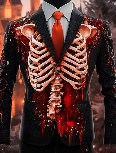  Halloween Ανδρικά Σκελετός Μπουφάν μπλέιζερ Καθημερινό Σκούρο Φεστιβάλ 3D εκτύπωση Άνοιξη Φθινόπωρο Χειμώνας Εγκοπή Μακρυμάνικο Ρουμπίνι Πορτοκαλί Πράσινο του τριφυλλιού
