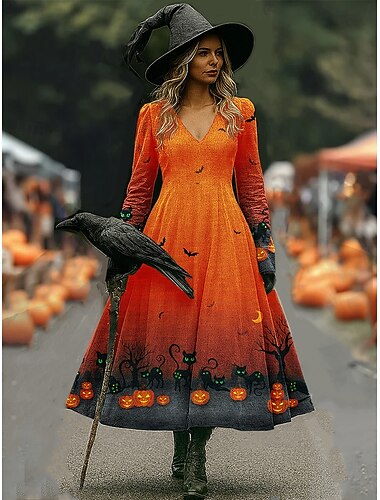  Halloween Жен. Длинное платье Платье A-силуэта Отпуск На каждый день Богемный Пляж Стандартный Цветочный принт Графика Фокус покус Длинный рукав V-образный вырез Лиловый Оранжевый Весна Осень