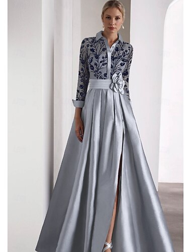  Robe de soirée brodée en A robe élégante d'invitée de mariage longueur de sol à manches longues col de chemise en satin avec fente pailletée