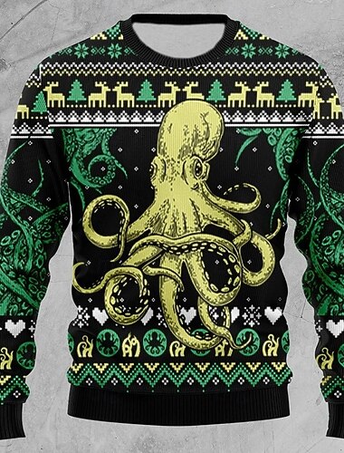  Jul Herre Dyr Juletre Pullover genser Strikketøy Crewneck Fritid Feriereise Daglig Festival 3D-utskrift Hold Varm Langermet Vår Høst Vinter Brun Grønn
