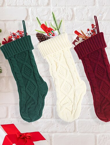  Medias navideñas tejidas para decoración del hogar, calcetines de regalo con forma de bolsa de dulces con patrón de diamantes, adornos colgantes para calcetines navideños, decoración acogedora para