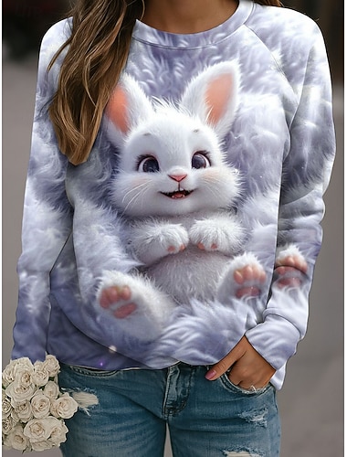  Damen Pullover Grafik Kaninchen Lässig Langarm Rundhalsausschnitt Normale Oberteile Lässig Purpur Herbst Winter
