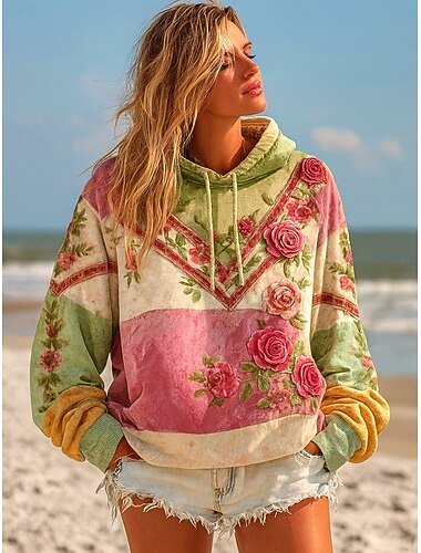  Női 3D nyomtatott vintage boho kapucnis pulóver patchwork kapucnis pulóver virágos pulóver elegáns meleg aktív kapucnis utcai mindennapi viselet patchwork nyomás sárga világos zöld rózsaszín tavasz