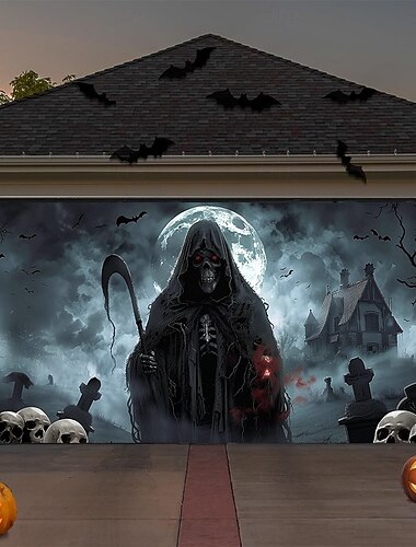  Απόκριες κάλυμμα πόρτας γκαράζ Grim Reaper σκελετός πανό σεληνόφως σκηνή νεκροταφείου τρομακτικό στοιχειωμένο σπίτι φόντο ταπισερί για εξωτερική διακόσμηση
