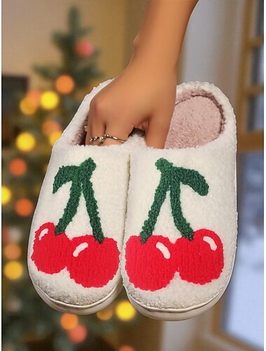  Damtofflor i fleece med söt körsbärsbroderi, varma inomhusskor för jul, vinter, sovrum och mysiga heminredningskläder