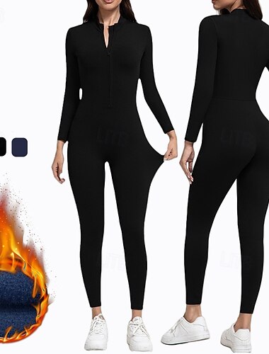  Mulheres Macacão de treino de lã Macacão de uma peça Inverno Zip Up Côr Sólida Body Preto Azul Academia Pilates Ioga Compressão abdominal Manga Longa Esporte Roupas Esportivas Ajuste justo