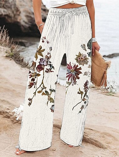  Damen Weites Bein Hosen Hose Palazzo-Hose Mode Boho Volle Länge Hohe Taille Blume Kordelzug Elastischer Bund Druck Atmungsaktivität Bequem Straße Alltagskleidung Ausgehen Weiß Frühling Herbst Normale