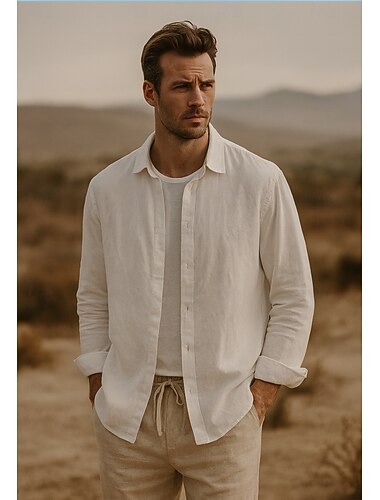  Per uomo Camicia di lino Camicia button-down Camicia casual Tinta unica Formale Casuale Bianco Verde chiaro Rosso Blu marino scuro Manica Lunga Collo ripiegato Estate Inverno Abbigliamento Puro