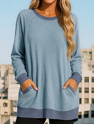  בגדי ריקוד נשים אחיד סווטשירט עם סווטשירט חולצות קז'ואל סתיו עם כיסים שרוול ארוך בגדי ספורט ומנוחה אופנתי חוץ נסיעות ורוד מסמיק כחול תלתן בגדי ספורט לבוש אקטיבי