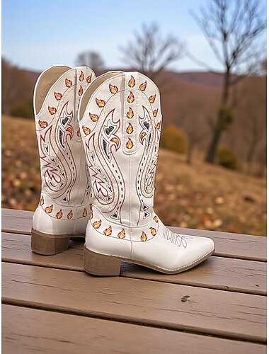  Witte western cowboylaarzen voor dames met een uniek kleurrijk borduursel en blokhakken, bohemian western stijl schoenen