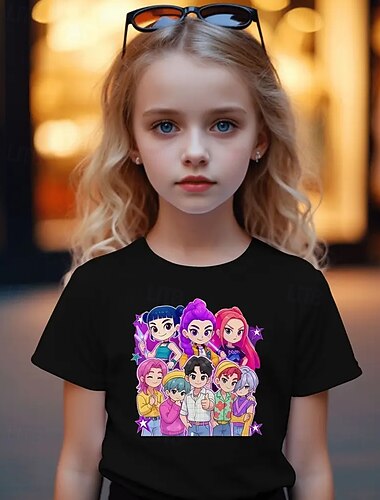  K-POP 悪魔ハンター トレンディなアニメスタイル かわいい女の子の夏半袖Tシャツ 通気性と快適プリント 子供用ファッションTシャツ カジュアルウェア 遊び心のあるスタイル かわいいデザイン 楽しいグラフィック 高品質ステッチ