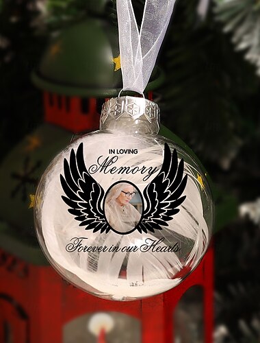  Adorno conmemorativo de plumas navideñas con foto personalizada, adorno de bola 3D personalizado, regalos de condolencia por la pérdida de seres queridos, recuerdo colgante para árbol de Navidad personalizado, decoración conmemorativa navideña