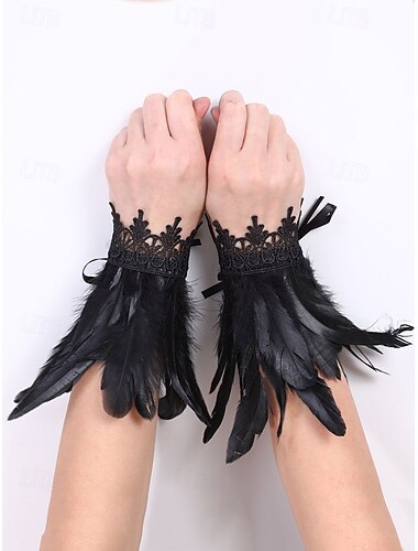  Dames Halloween Gothic veren polsbanden, zwarte kant en kleurrijke veren armband, kostuumaccessoires voor feesten, cosplay en maskerade