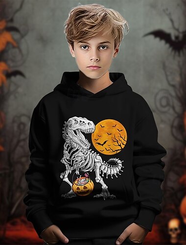  Halloween Gutt 3D Gresskar Dinosaur Hattetrøje Langermet Vår Høst Mote Gatemote Barn 4-12 år Med hette utendørs Avslappet Daglig Normal