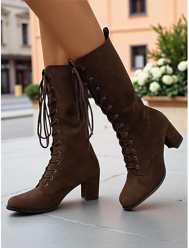  Botas con cordones de ante marrón para mujer: botas modernas vintage de media pantorrilla con tacones gruesos para la moda diaria, paseos de otoño y disfraces temáticos.