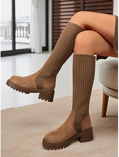  Bruine kniehoge sokkenlaarzen voor dames met dikke hak, stretchbreisel en imitatiesuèdecombinatie voor stijlvolle casual kleding