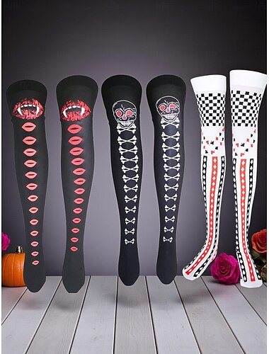  Dames Halloween overknee sokken met gotische schedel, vampier en kaartprint - leuke nachtclubkousen voor kostuums en cosplay-outfits