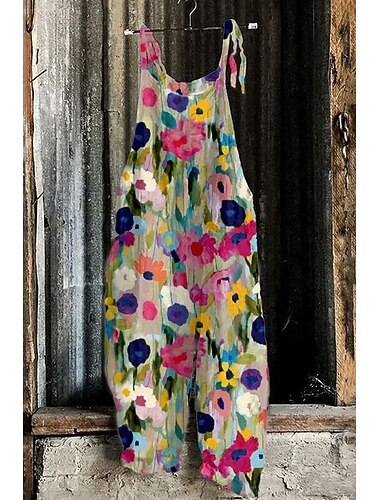  Damen Overall Urlaub Vintage Ethno-Stil Volle Länge Mittlere Taille Blumen Grafik Tiermotiv Atmungsaktivität Leicht Weich Unelastisch Formell Urlaub Straße Blau Rot Grün Sommer Frühling