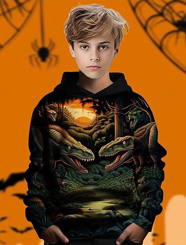  Halloween Gutt 3D Dinosaur Hattetrøje Langermet Vår Høst Mote Gatemote Barn 4-12 år Med hette utendørs Avslappet Daglig Normal