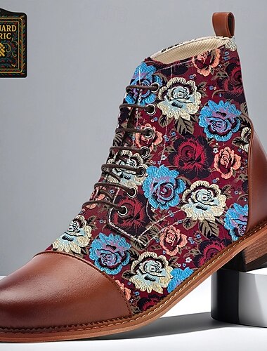  Bottes à lacets en tissu jacquard marron pour hommes avec motif floral rose, chaussures habillées vintage élégantes pour fêtes, mariages et événements Gatsby