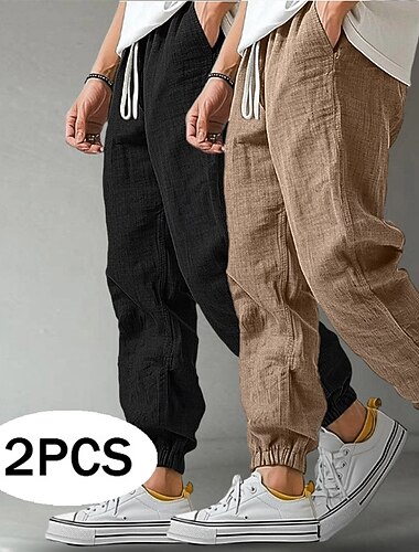  Per uomo Joggers Pantaloni di Lino Pantaloni Pantaloni Estivi Coulisse Tasca Elastico in vita Tinta unica Comodità Traspirante Lunghezza intera All'aperto Vacanza Ferie Moda Stile Classico Nero+Blu