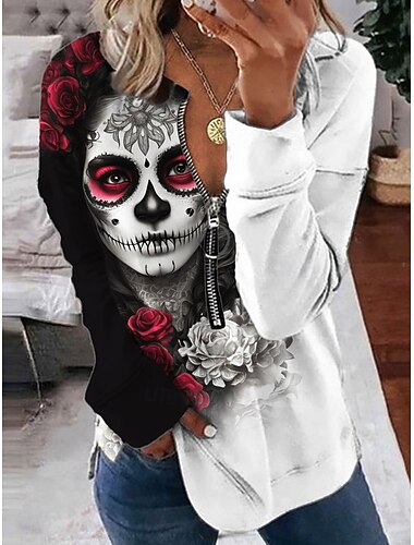 Damen Pullover Sweatshirt Reißverschluss Sweatshirts Totenköpfe Grafik Mode Lässig Langarm Rundhalsausschnitt Regelmäßige Oberteile Straße Alltagskleidung Reißverschluss Druck Rot Orange Grün   Damen Pullover Sweatshirt Reißverschluss Sweatshirts Totenköpfe Grafik Mode Lässig Langarm Rundhalsausschnitt Regelmäßige Oberteile Straße Alltagskleidung Reißverschluss Druck Rot Orange Grün