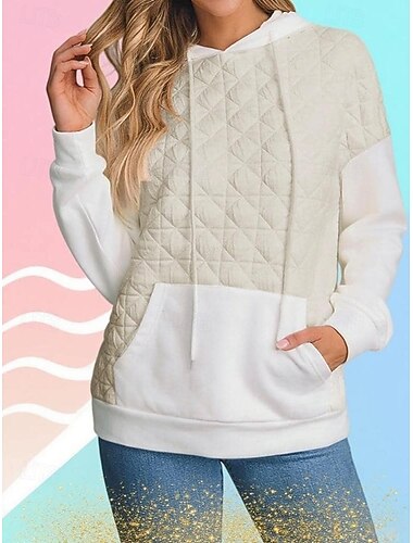  felpa con cappuccio da donna, felpa con texture, felpa waffle, pullover, felpa con cappuccio, blocchi di colore, streetwear casual, manica lunga, con cappuccio, normale, top da strada, per le vacanze, per uscire, tasca, bianco, verde chiaro, invernale